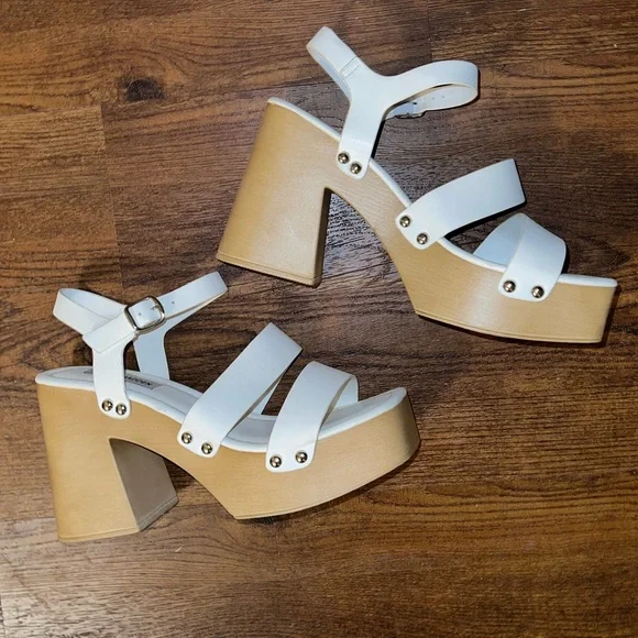 Steve Madden Gladiator White Strap Tan Platform Clog Heel Sandals Size 10 - Picture 5 of 14